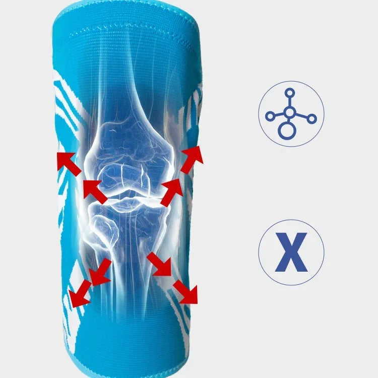Black and blue pressurised basketball knee pads for men with adjustable nylon sleeves