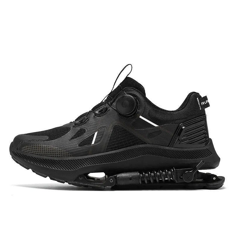 Black running shoes with mesh upper, leather stitching details, and buckle fastening