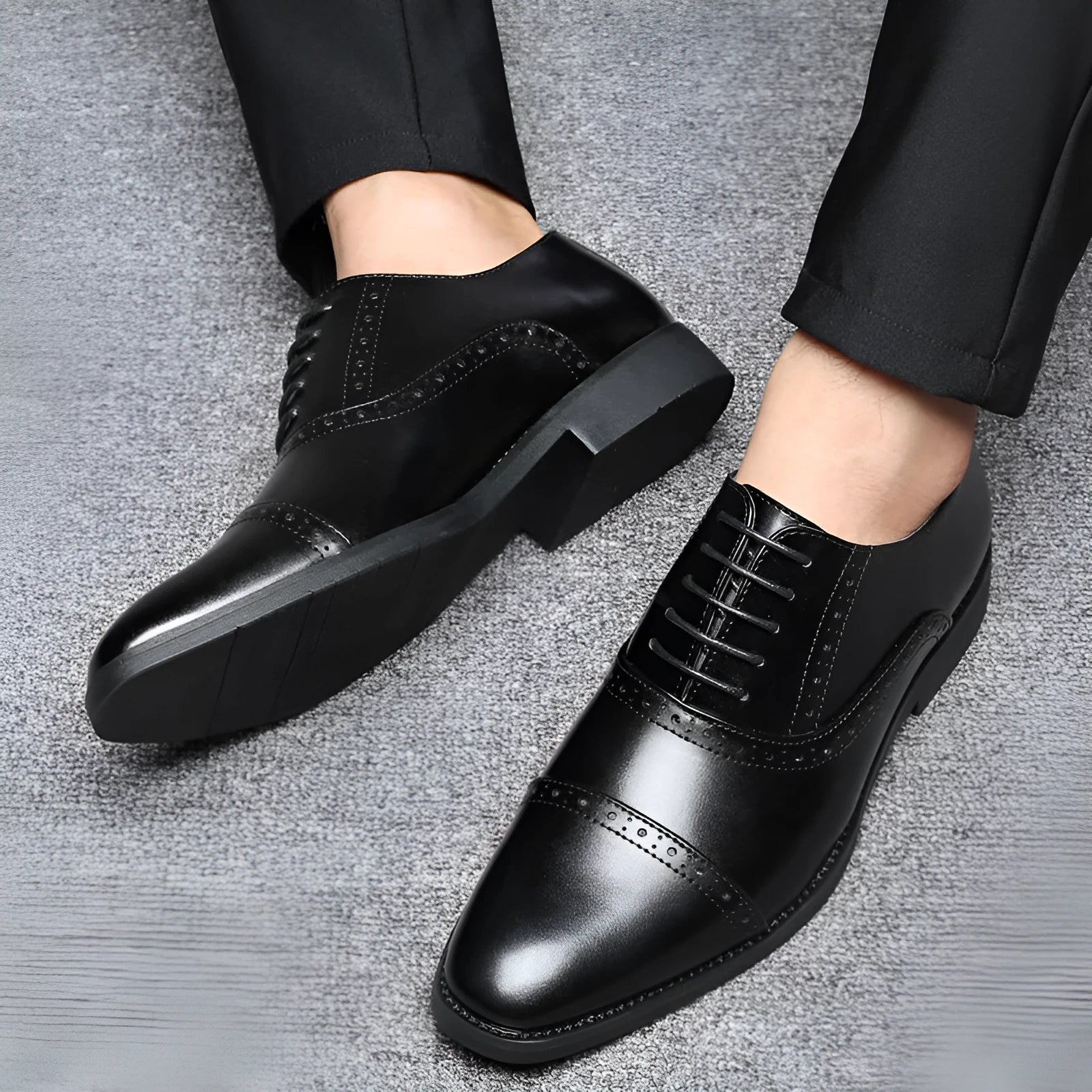 Men's black microfiber leather Oxford business dress shoes with rubber sole