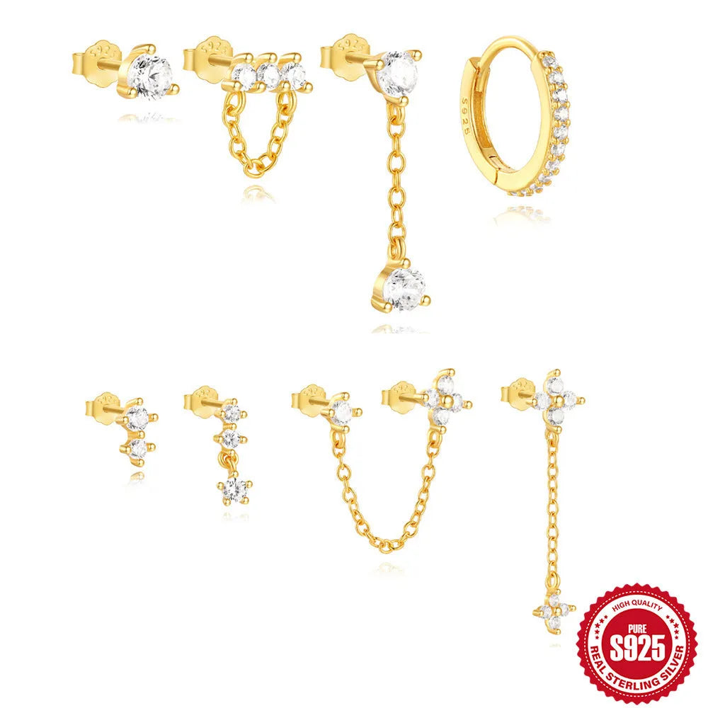 Geometric clover petal women's earrings in gold-tone electroplated S925 sterling silver on a white background.