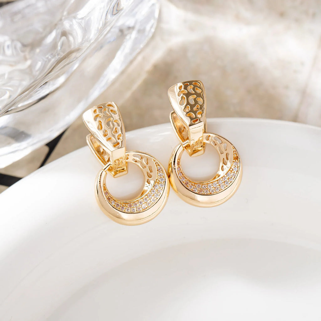 Hollow round moon drop earrings with natural zircon inlay, gold and silver copper finish for women