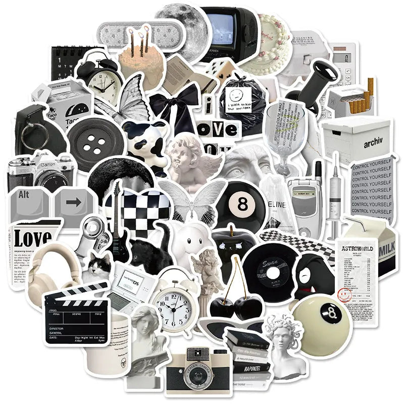 61 black and white waterproof PVC stickers for laptops, phones, and luggage decor.