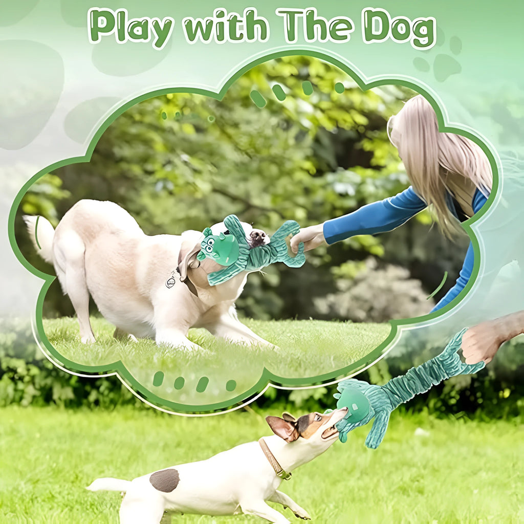 Large plush hippo or monkey dog toy with a handle, shown for interactive squeaky and tug-of-war play.