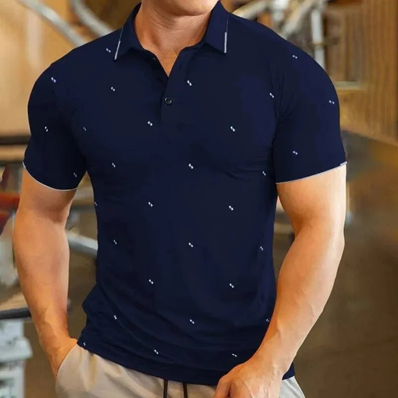 Men's digital print short sleeve sports top in black, side view, for summer fitness and cycling
