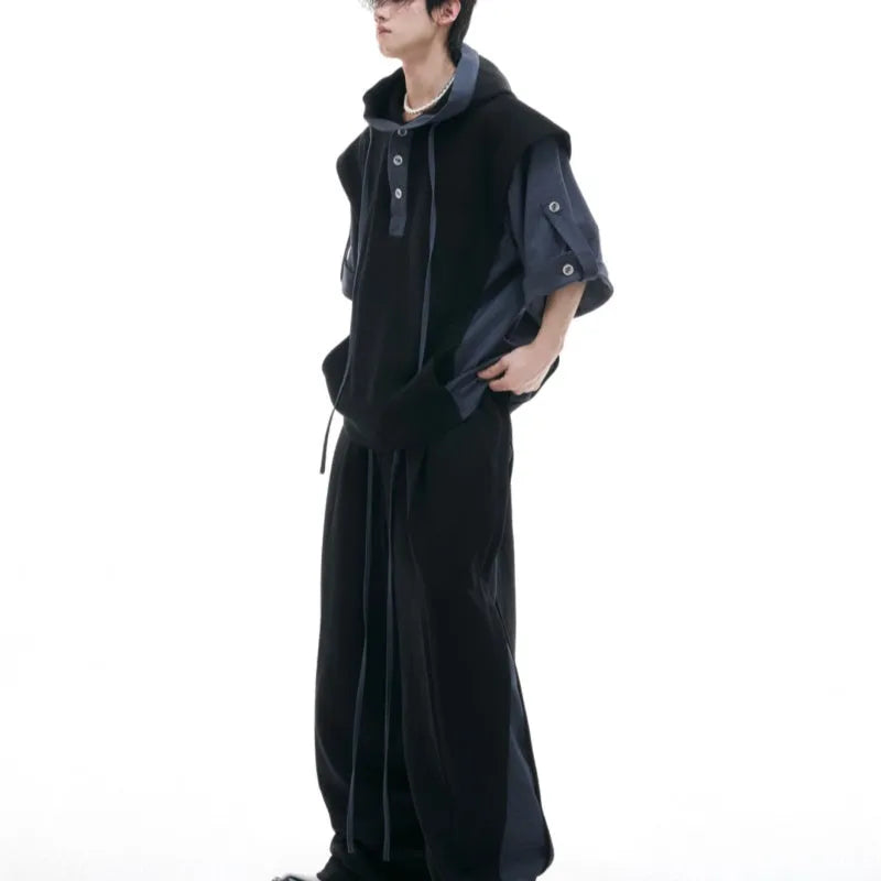 Men's black and grey polyester hooded tracksuit with three-dimensional stitching details