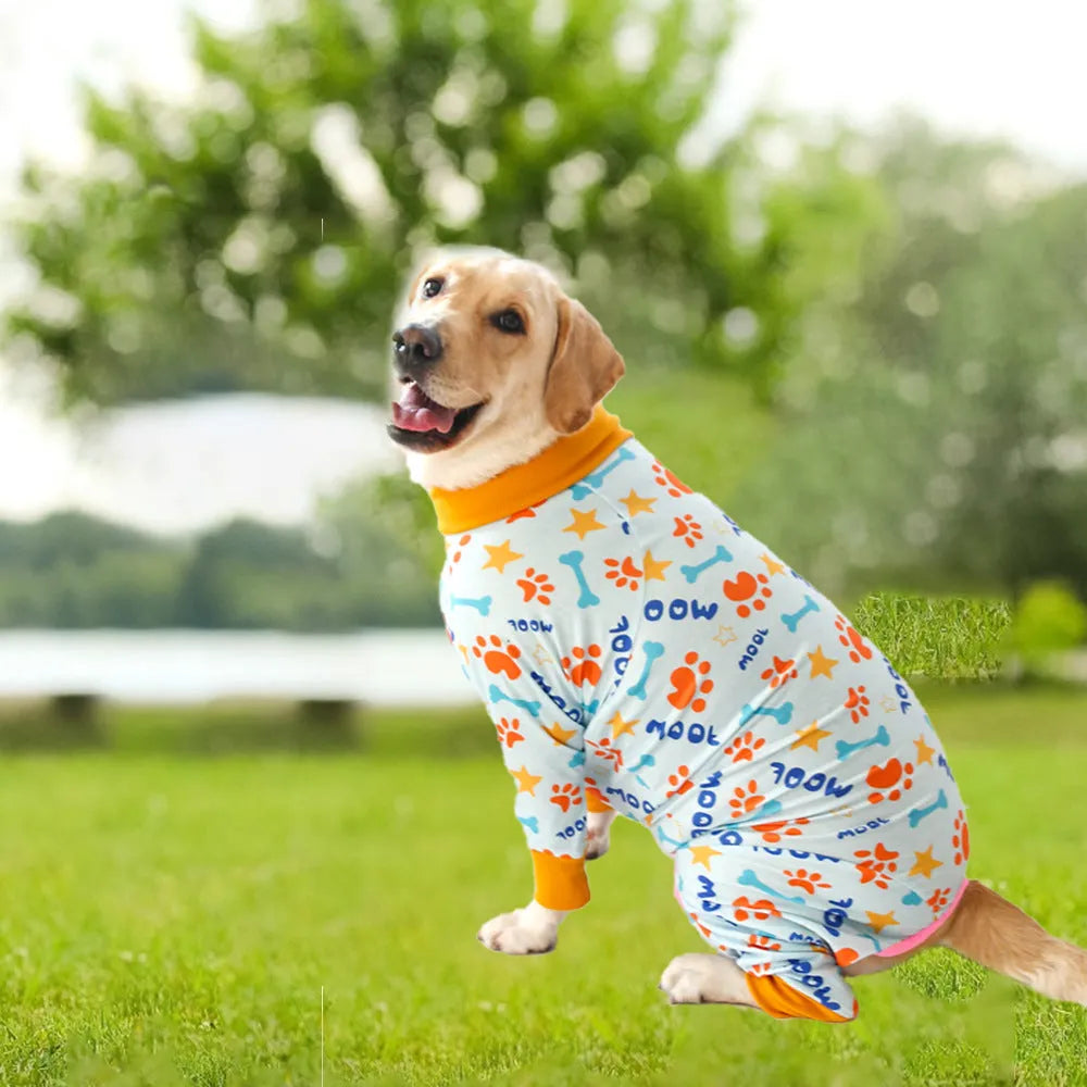 Cotton dog jumpsuit with four-legged design and cute print in multiple colour options