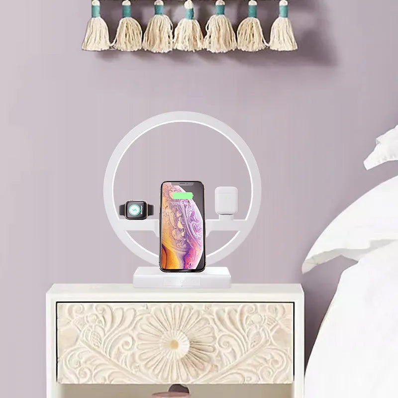 Black 3 in 1 wireless charger stand with ring light for phone watch and headset