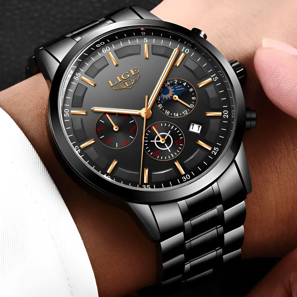 Men's waterproof quartz sports watch with 12mm case in black, blue, or rose gold colour options