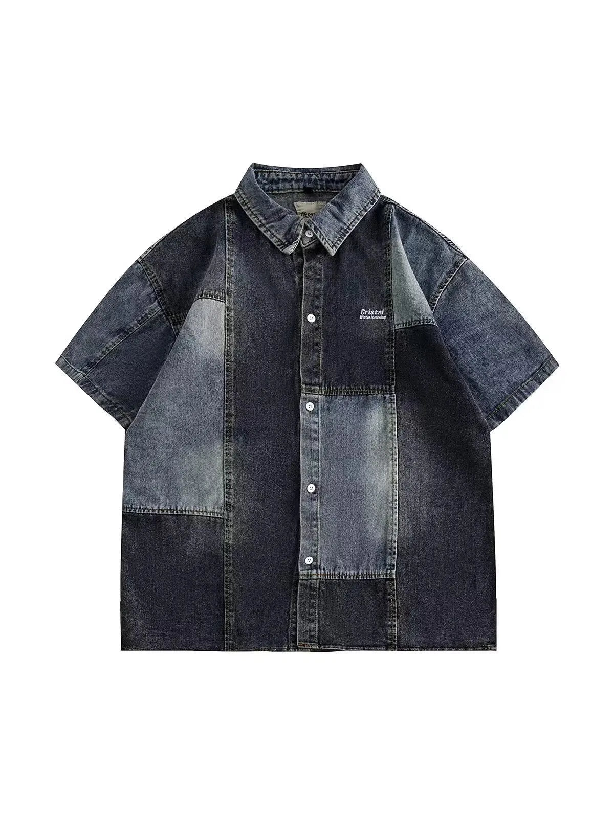Blue men's loose-fit denim shirt with Japanese retro washed stitching, shown open in a cardigan style.