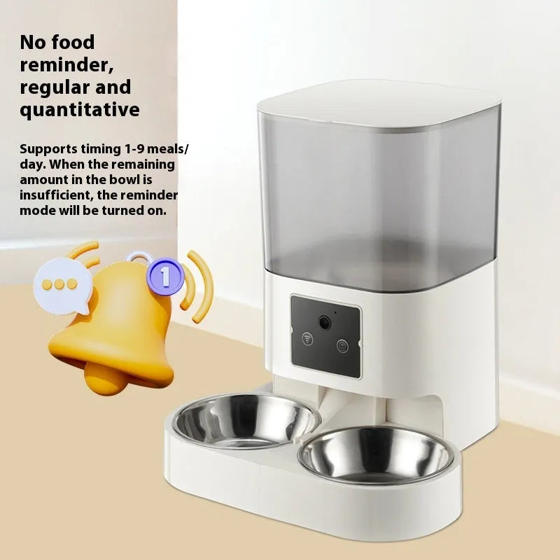 Automatic pet feeder in white with single bowl, featuring timing and remote control for cats and dogs.