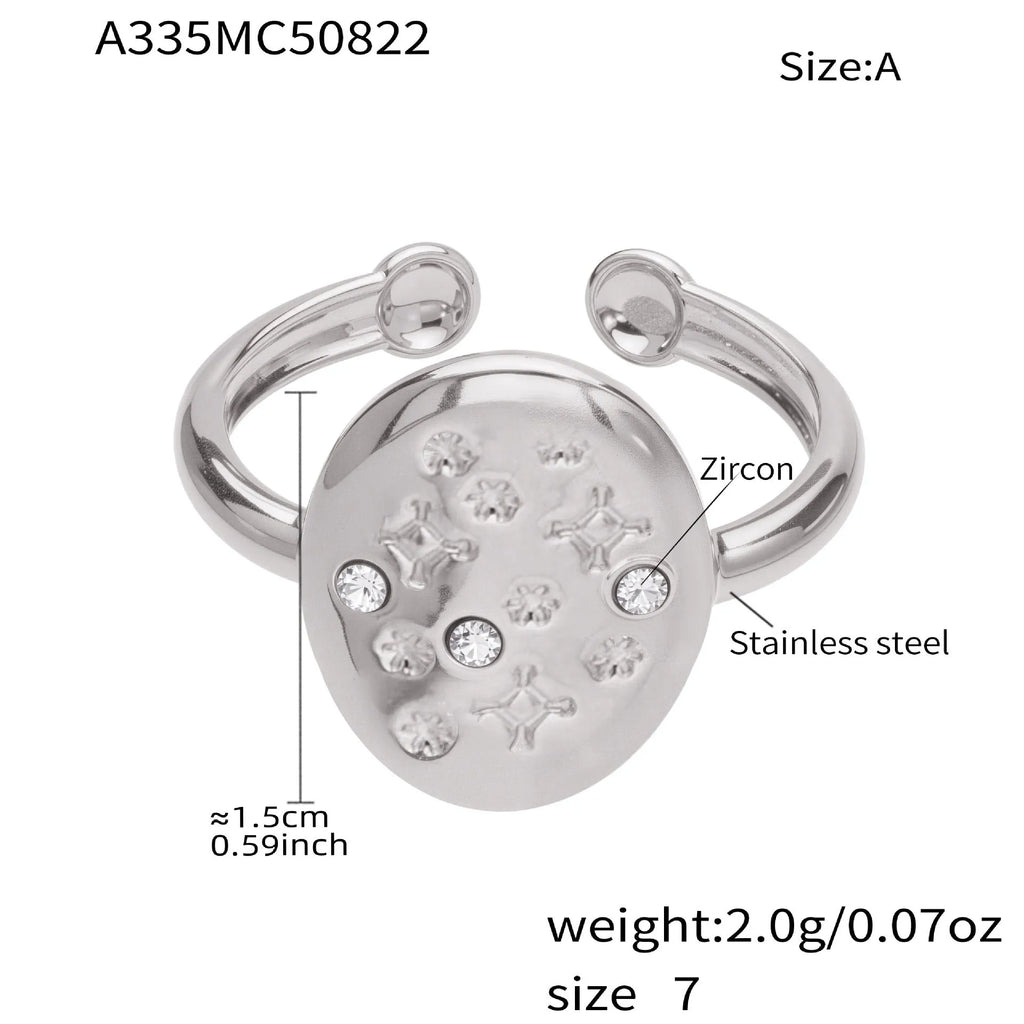 Stainless steel unisex open ring with micro-inlaid star and oval zircon in gold tone