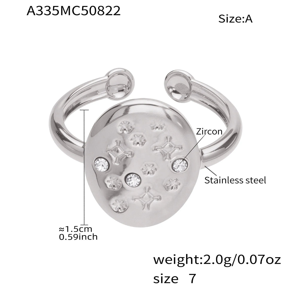 Stainless steel unisex open ring with micro-inlaid star and oval zircon in gold tone