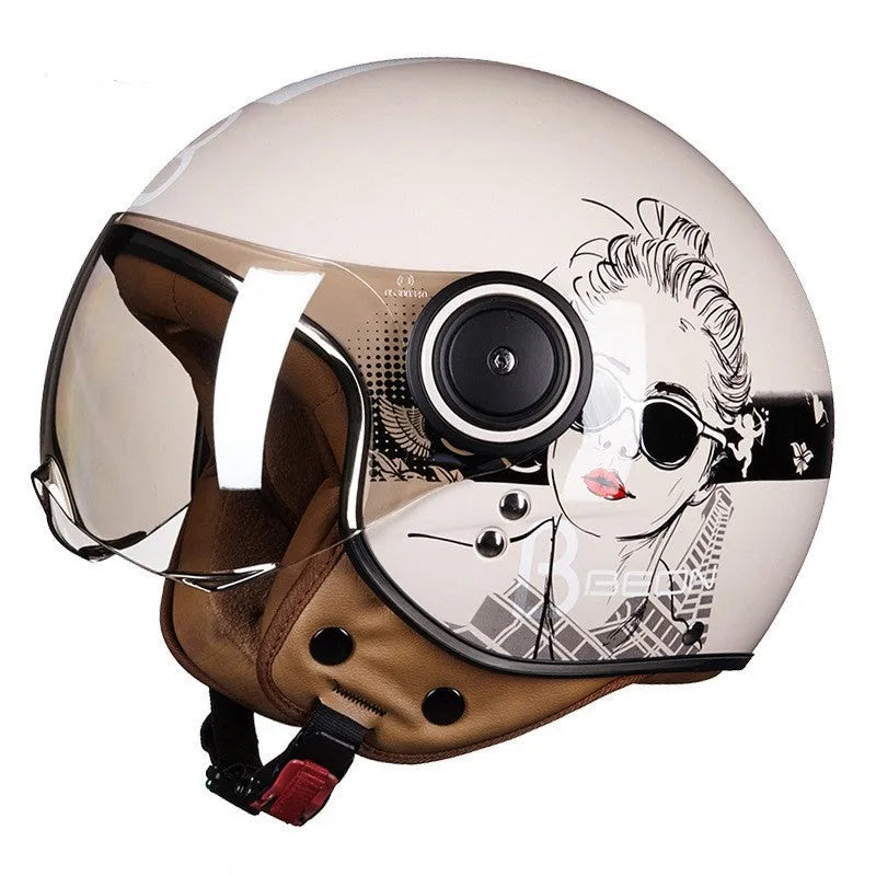 Retro-style half helmet for battery cars in bright blue and red colour combination showing ABS construction