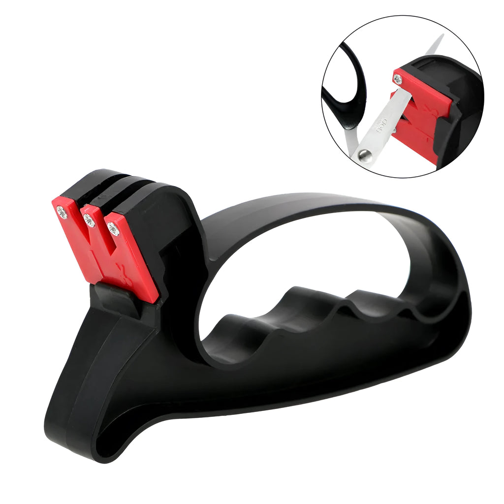 Handheld 2-in-1 black knife and scissor sharpener with tungsten steel blade on white background