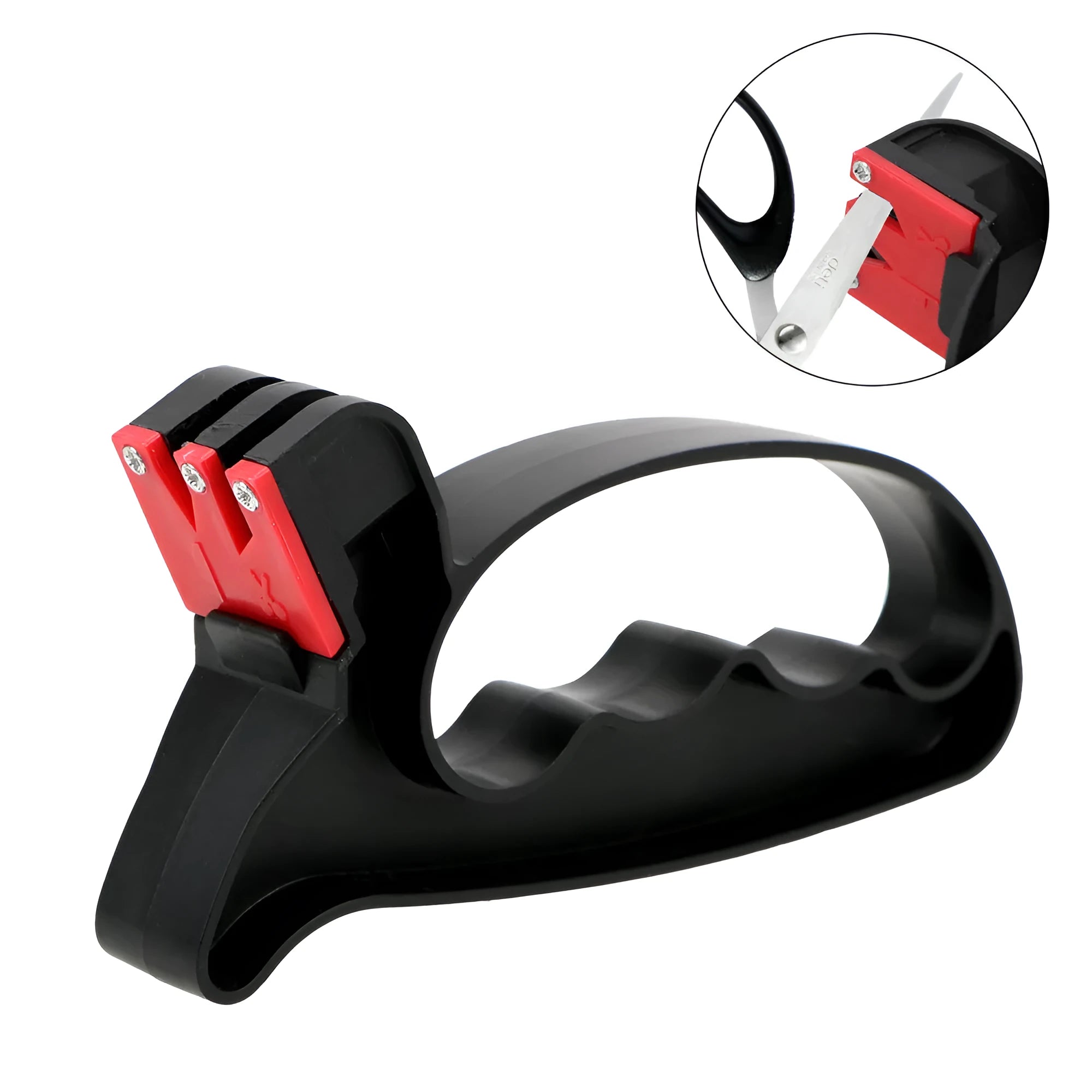 Handheld 2-in-1 black knife and scissor sharpener with tungsten steel blade on white background