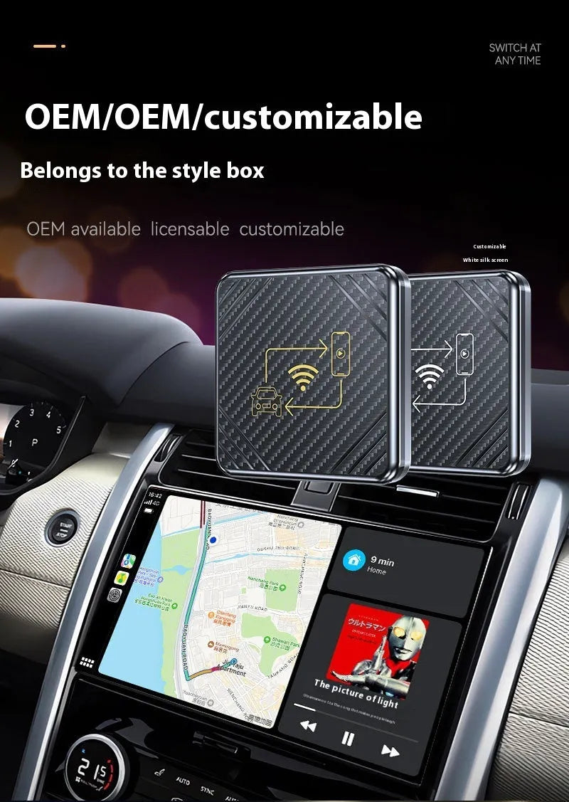 CarPlay to wireless adapter box for Android Auto with USB connection in gold and white colours