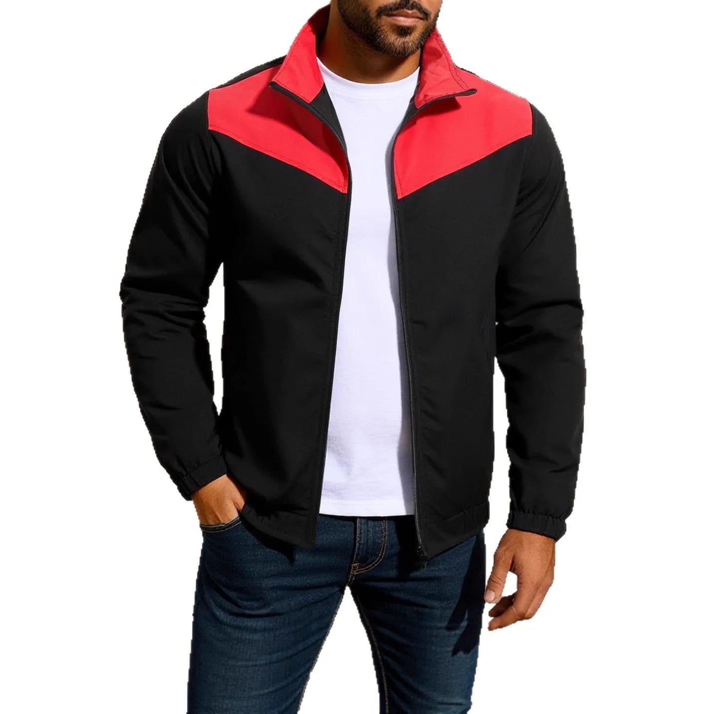 Men's green windproof polyester jacket with high collar and zip, showing raglan sleeve design.