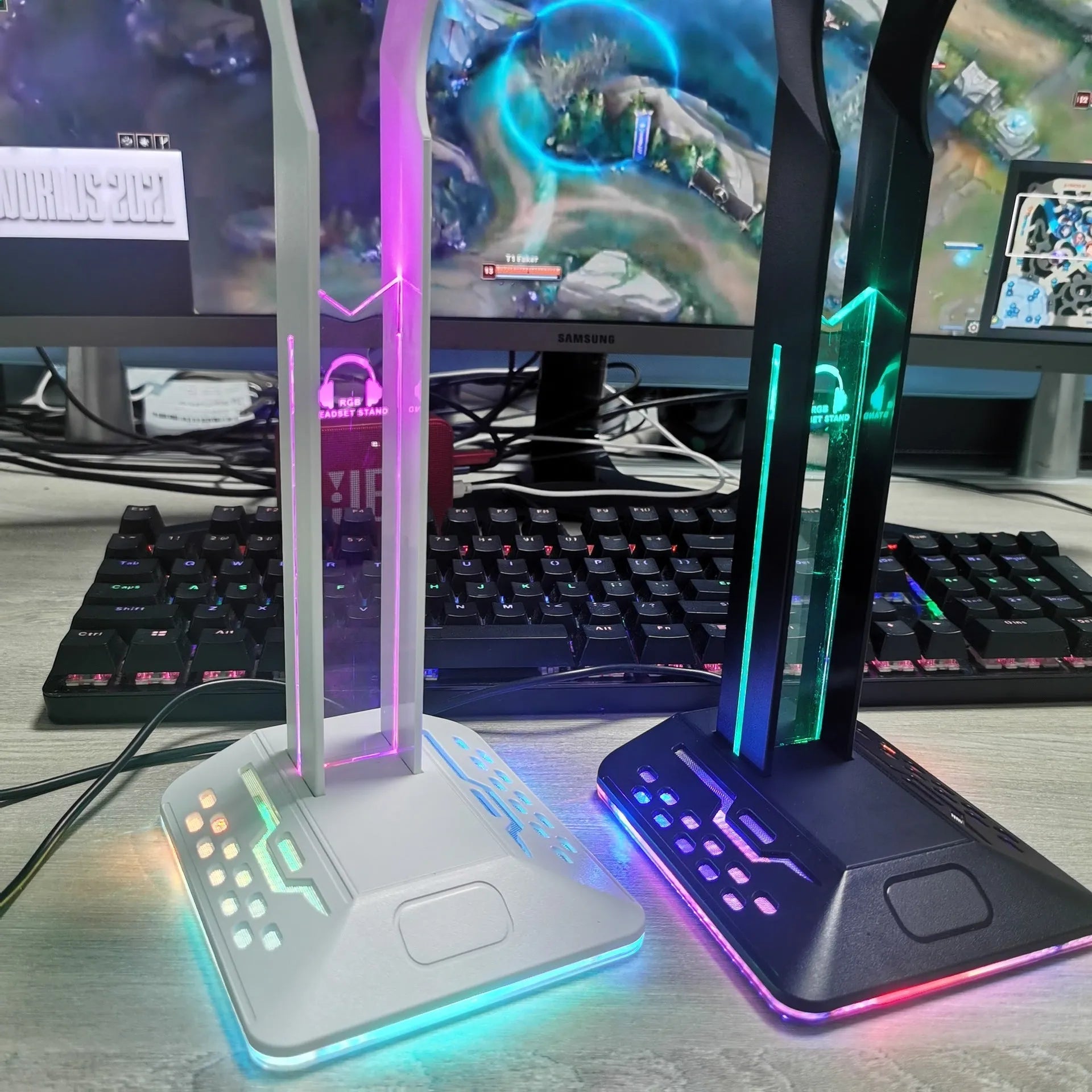 RGB headphone stand with glowing LEDs, dual USB ports, and a headset displayed on it.