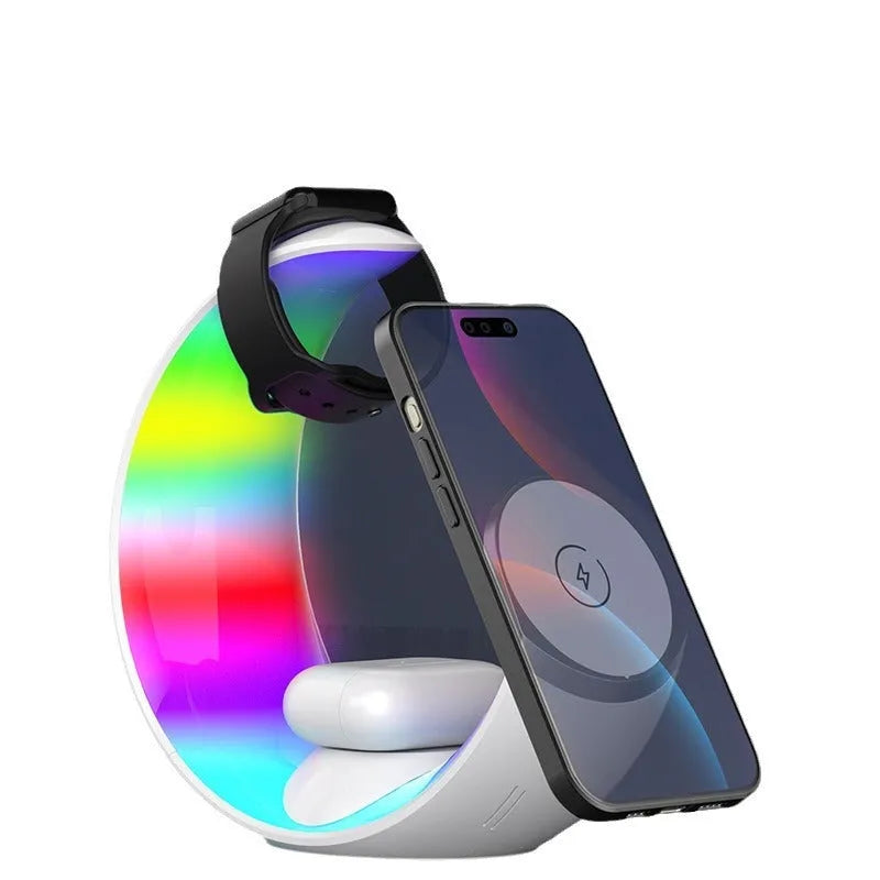 White wireless ambience light and 18W QC3.0 fast charger for bedside use with mobile phone