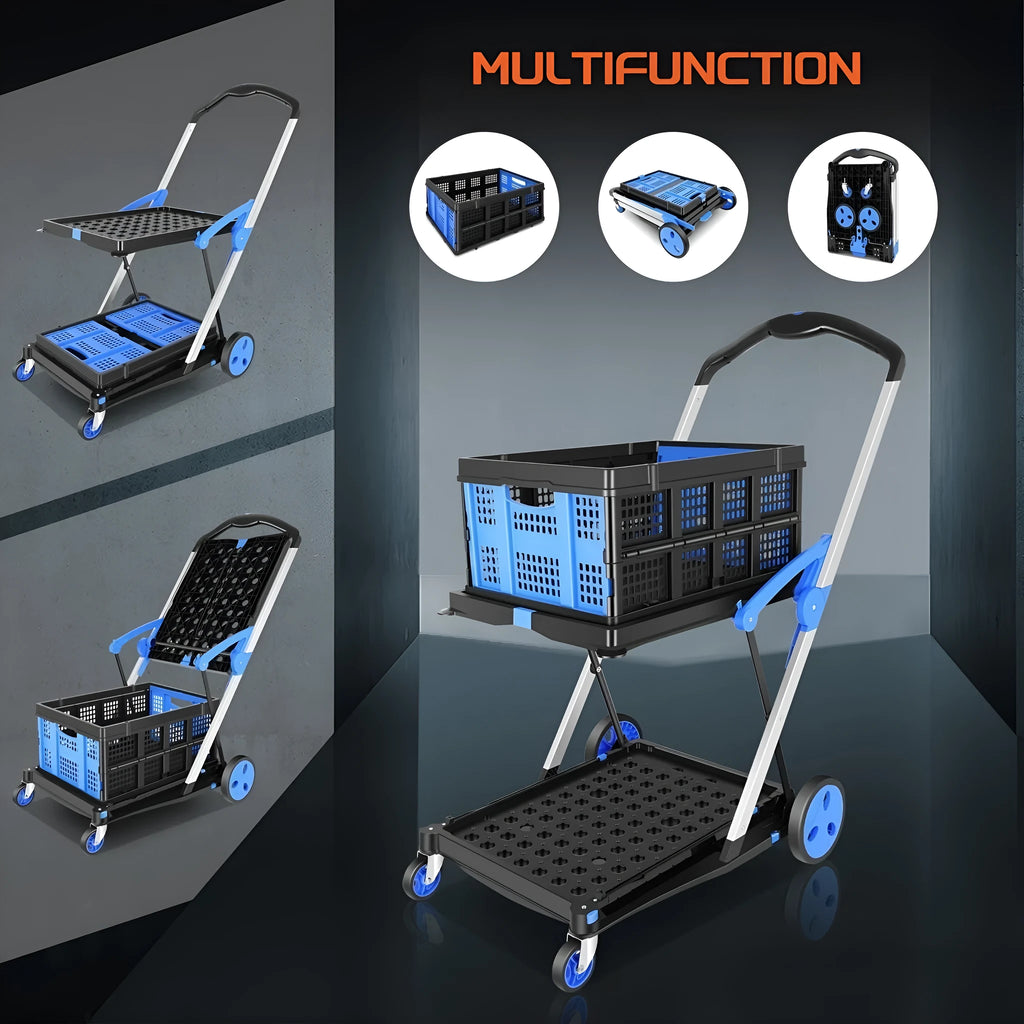 Personality foldable shopping trolley with two plastic baskets in blue, shown collapsed and upright.