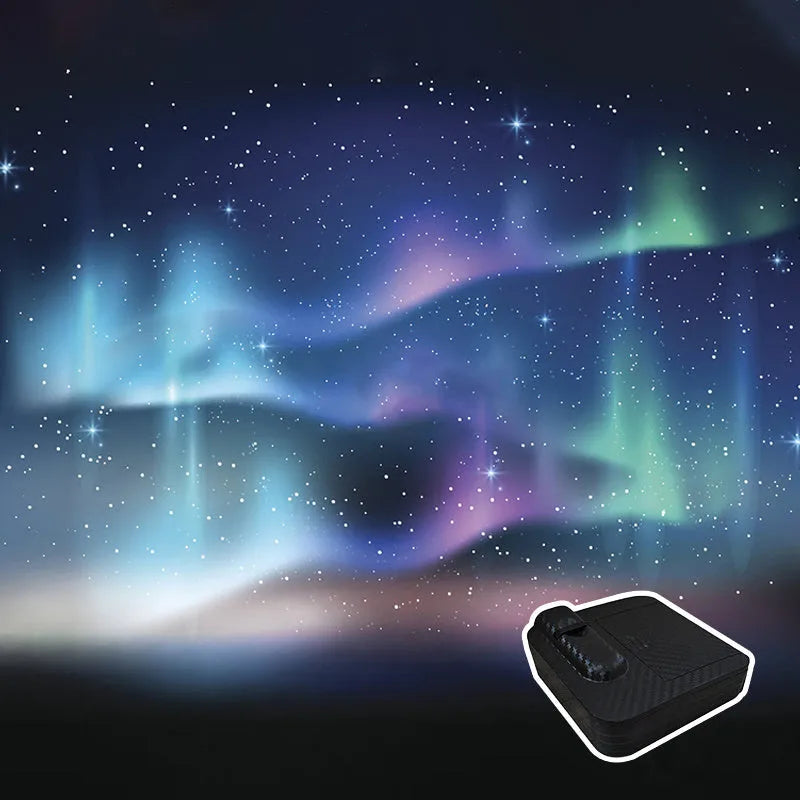 Aurora Moon Galaxy Projection Lamp in plastic casing with 6.1cm dimensions, battery-powered, projecting a galaxy pattern onto a wall.