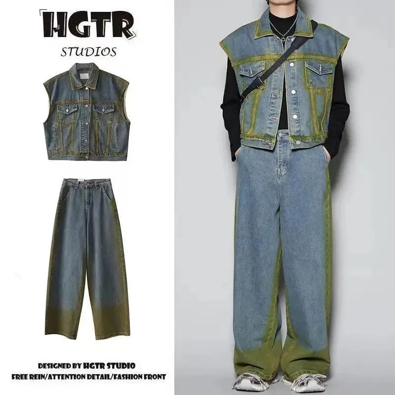 Blue fleece-lined distressed denim vest and jeans suit set with spray colour gradient