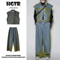Blue fleece-lined distressed denim vest and jeans suit set with spray colour gradient