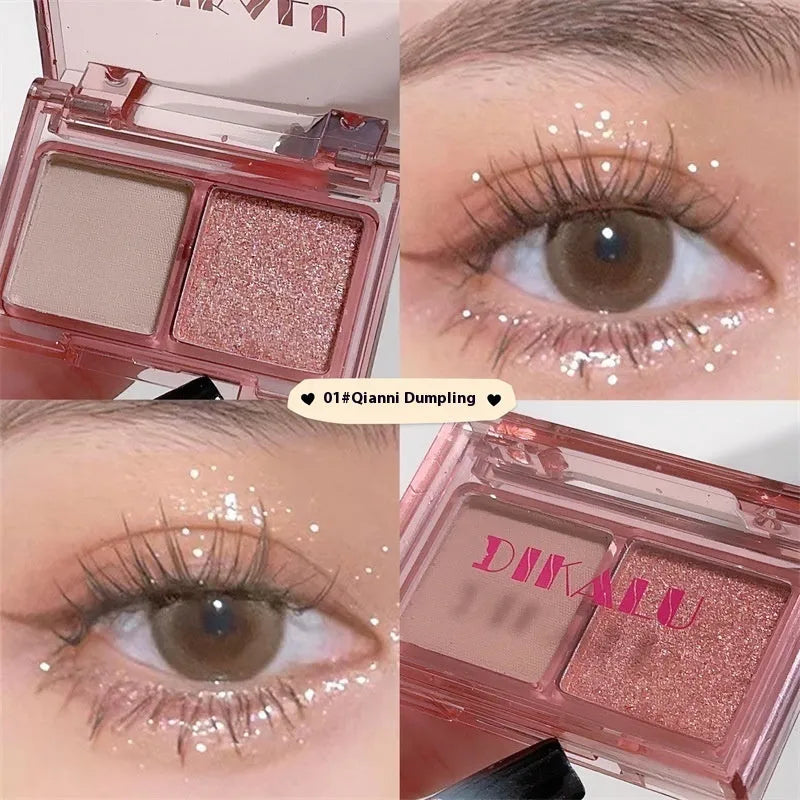 Two-tone eye shadow plate showing pink and black matte and shimmer combinations in five colour classifications