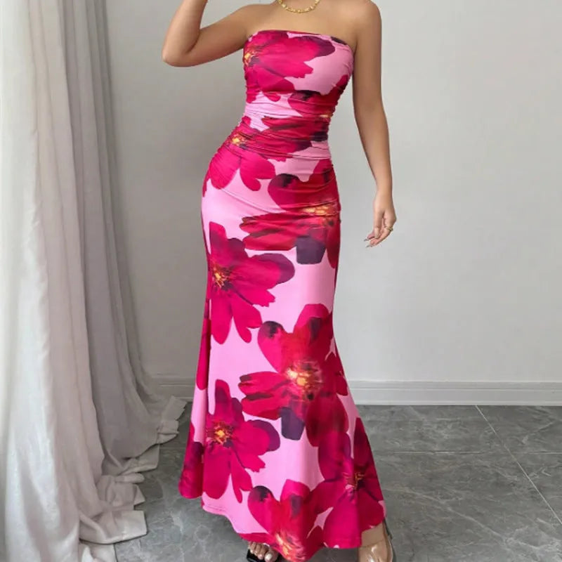 Women's slim fit high waist long flower dress pink print sleeveless hip skirt S M L XL