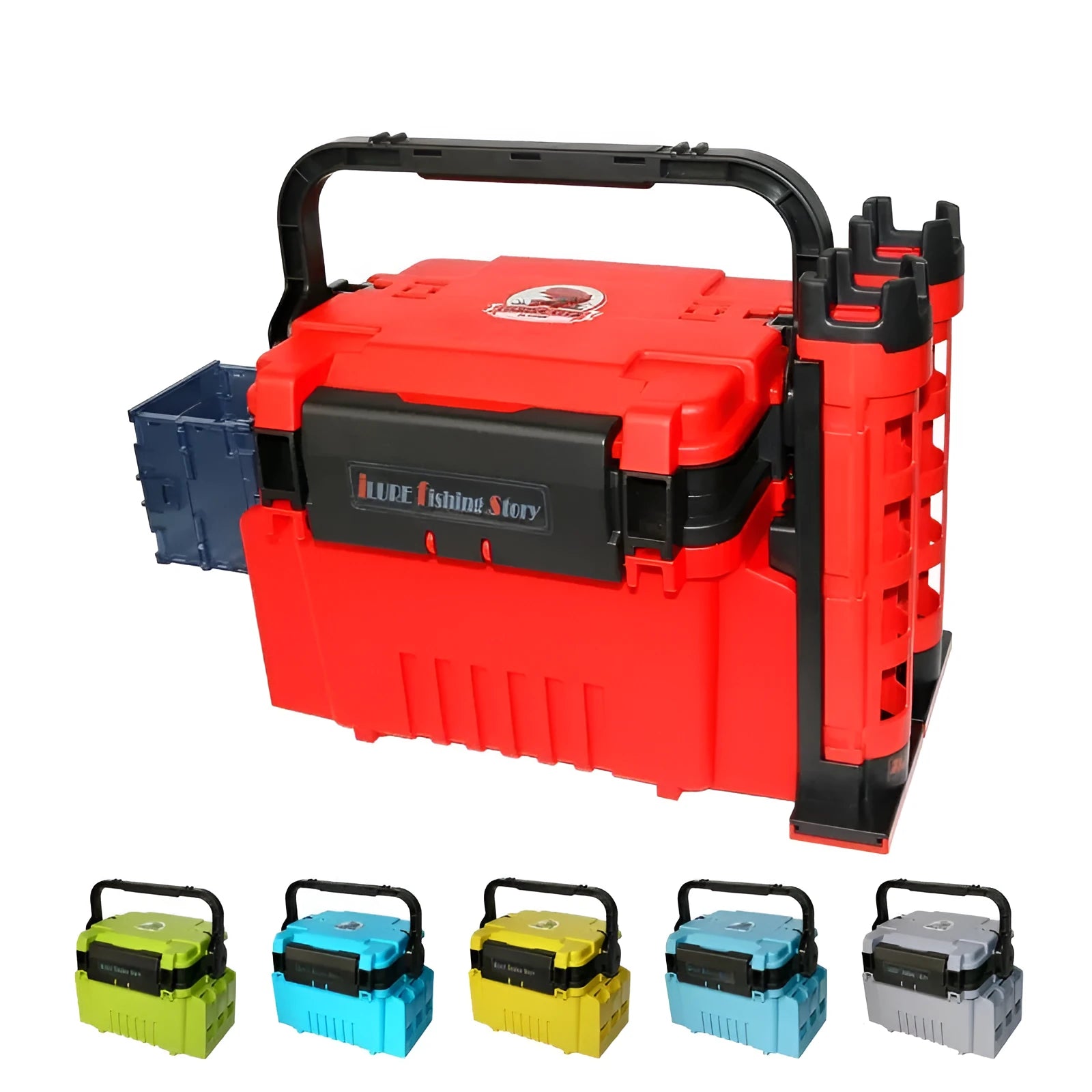 Portable double-layer ABS bait box with seat lid in blue, showing storage compartments