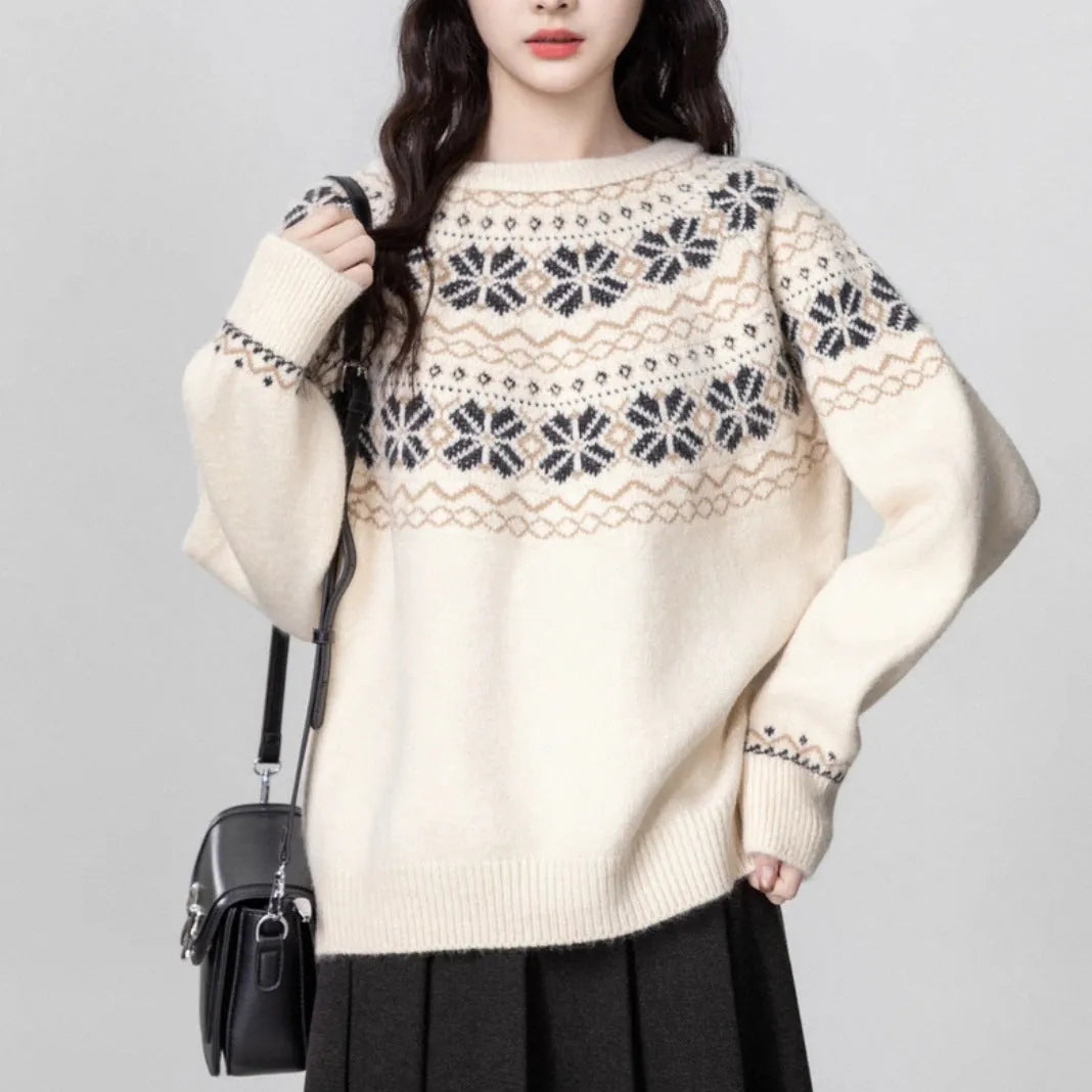 Milky white women's vintage Fair Isle geometric pattern pullover sweater with long sleeves.