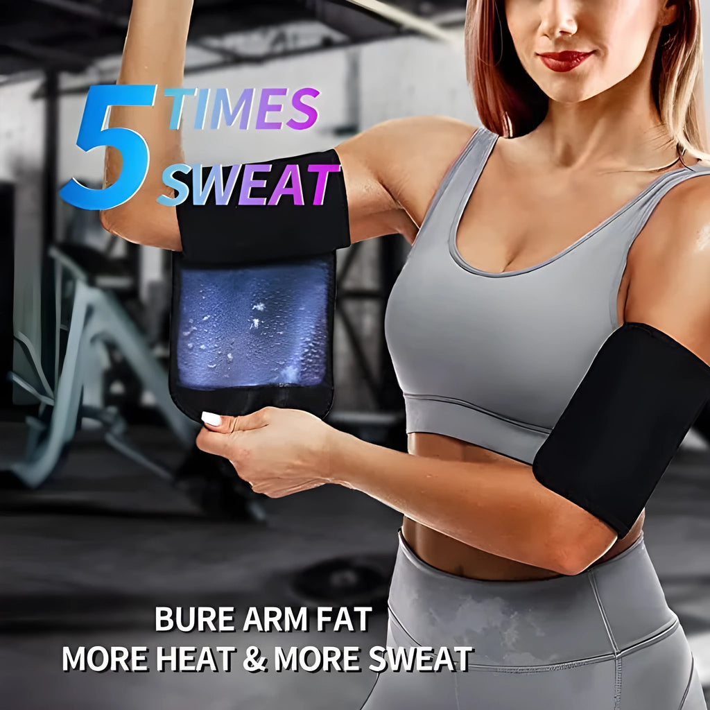 Adjustable arm sweatband in blue on a gym background, showing the binding strap.
