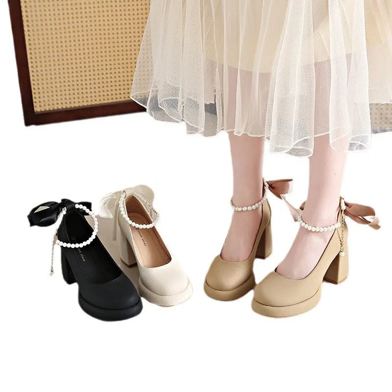 Women's beige preppy style Mary Jane shoes with chunky heel and ankle strap buckle