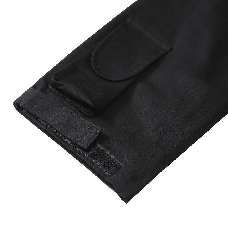 Men's cargo trousers in khaki or black, straight leg, mid-waist, drawstring ankle, cotton blend.