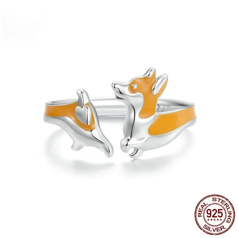Sterling silver women's ring with a cute cartoon corgi dog design in colour SCR1014-E.
