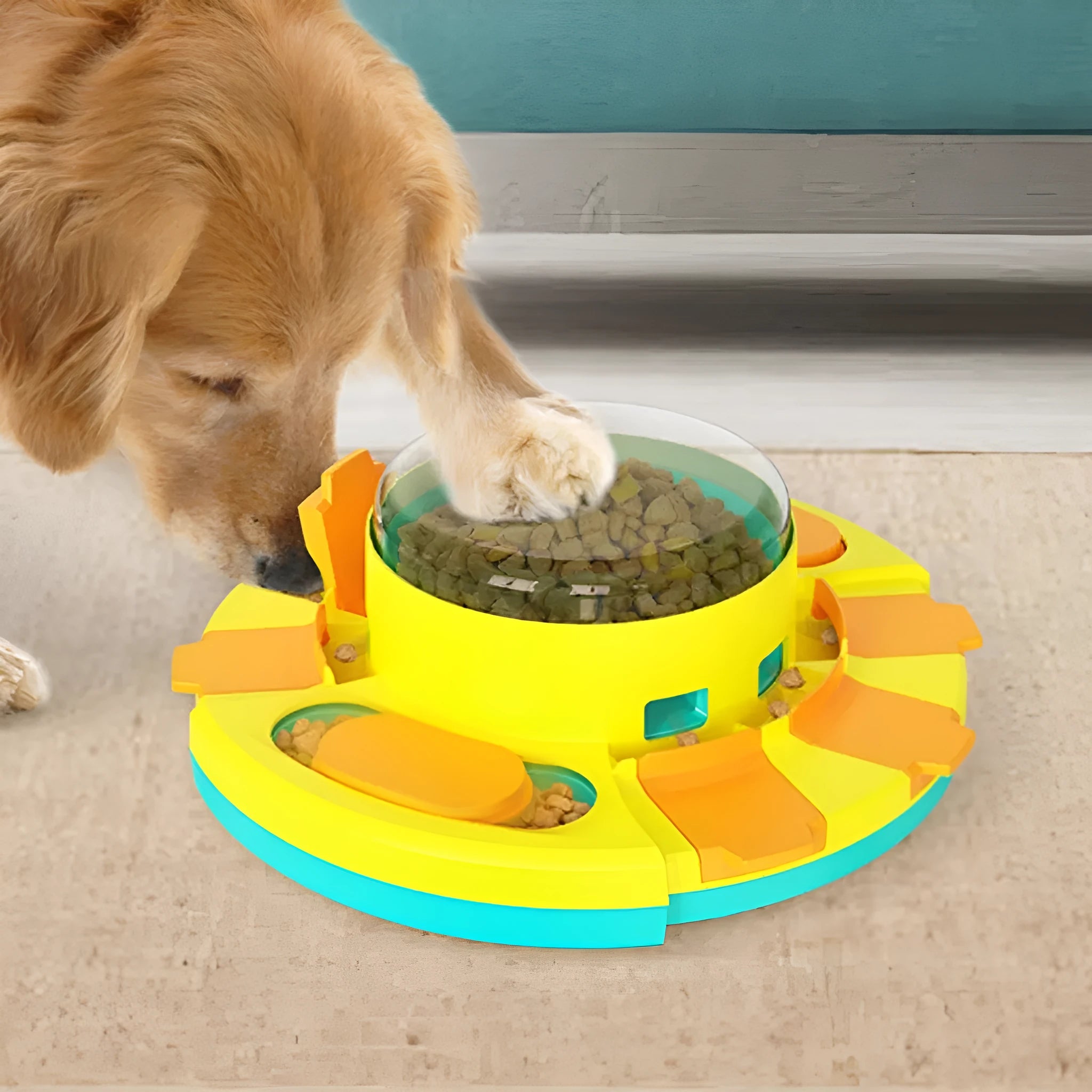Assortment of PET plastic pet toys including a red leaky bear dog feeder, a pink bulb cat tumbler, and coloured training balls.