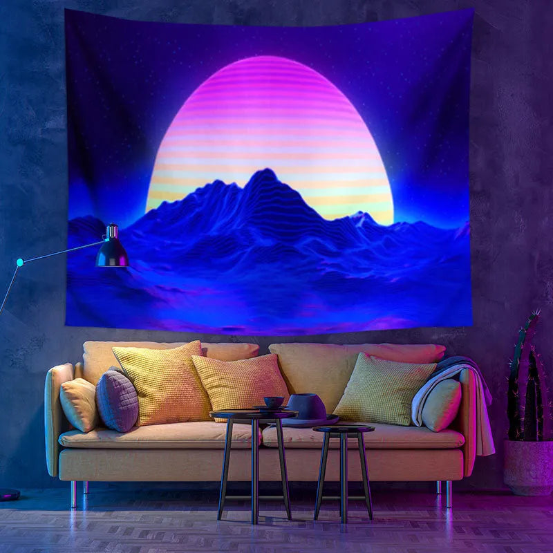 Fluorescent UV light psychedelic mandala ornament tapestry in sanded cloth polyester fibre with machine-woven details