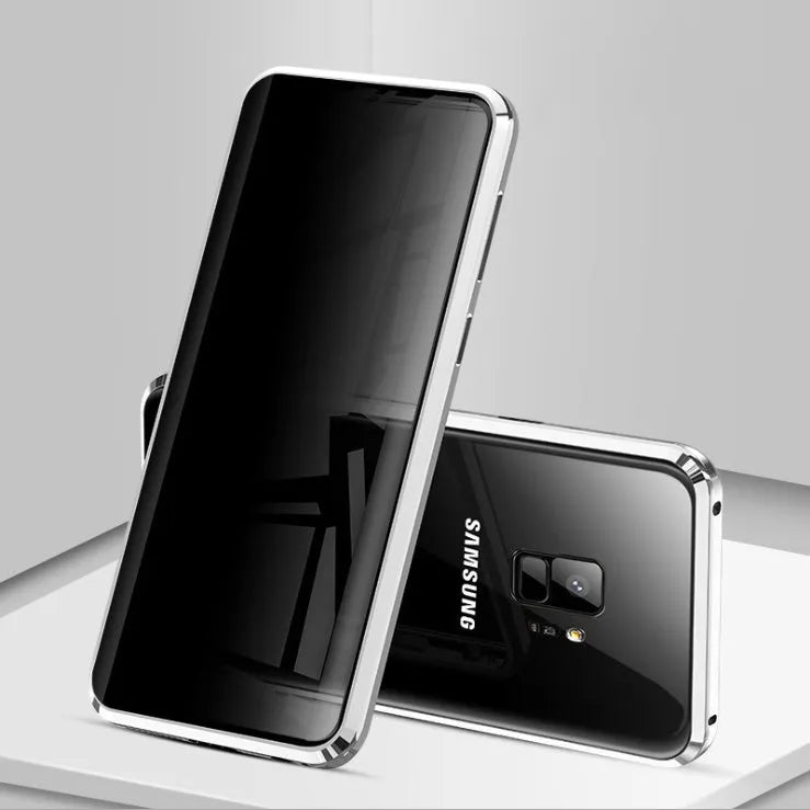 Samsung anti-peeping magnetic phone case in clamshell design with double-sided glass construction