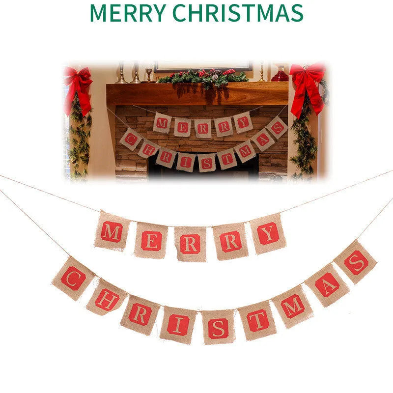 Brown and red burlap Christmas banner with 14 fabric flags on natural string