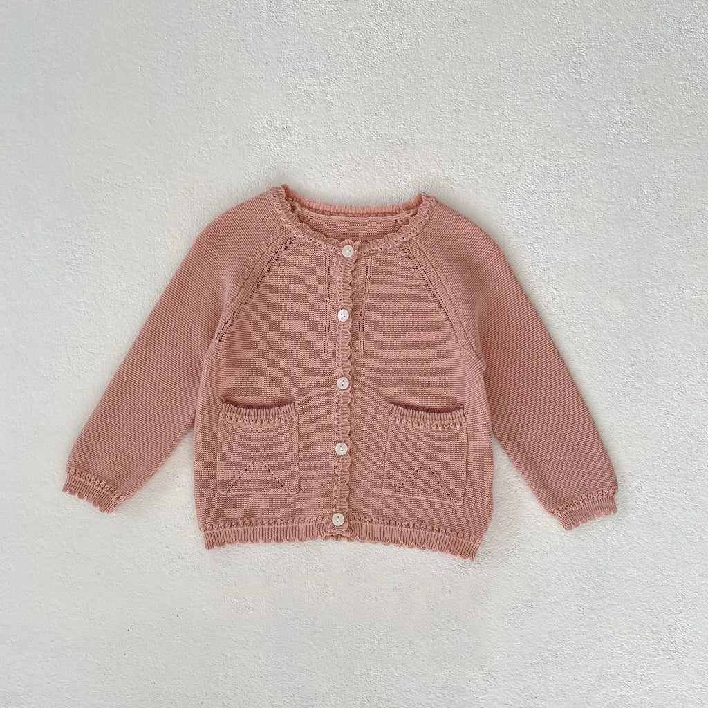 Baby girl sweet cardigan knitted coat in lotus root pink solid colour cotton yarn long sleeves