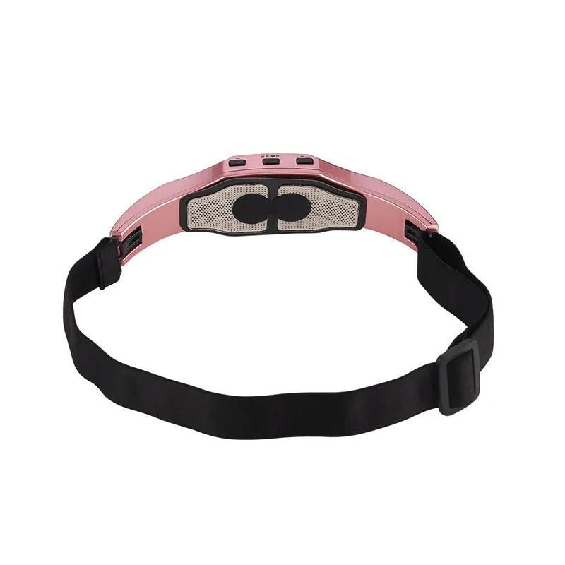 Wireless head massager in black with adjustable fasteners and electrode pads