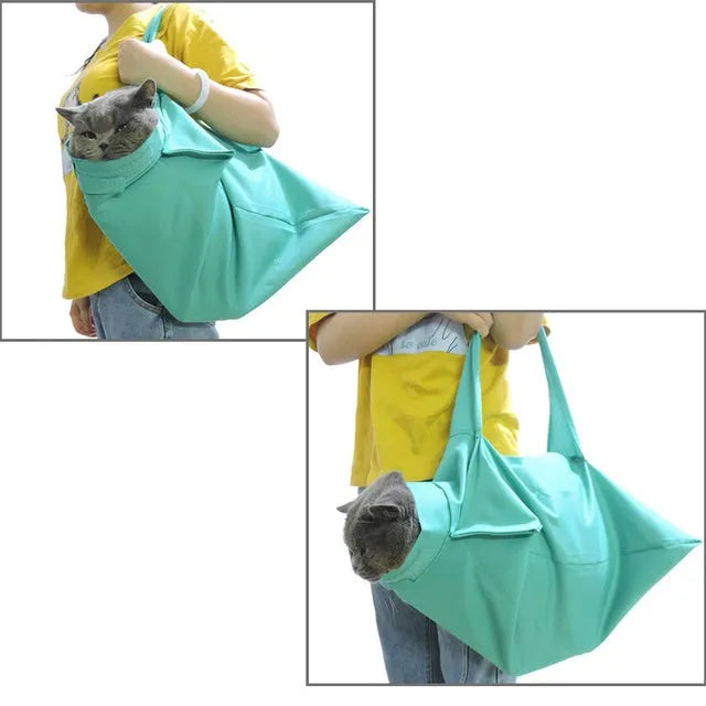 Pet outdoor crossbody backpack in black with front paw openings for safe cat nail clipping