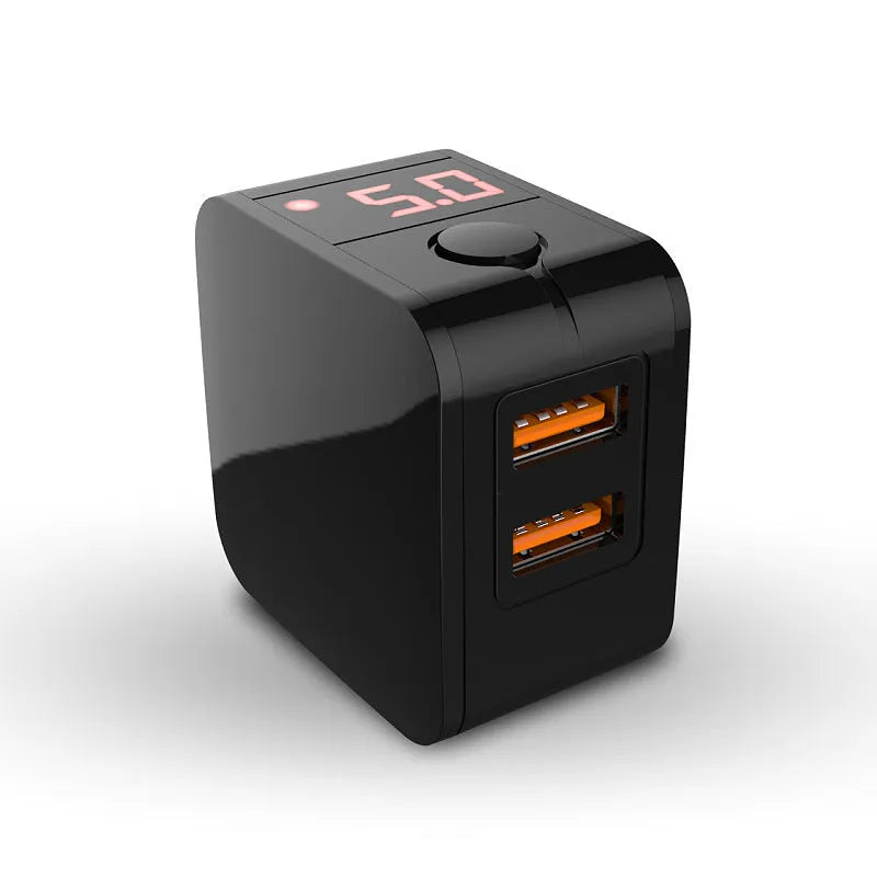 5V2A dual USB fast travel charger with digital display in black, white, or red colour options
