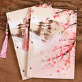 Azalea colour retro Chinese thread-bound notebook with 80g Dolin paper, 140x208mm size, lying open on a flat surface