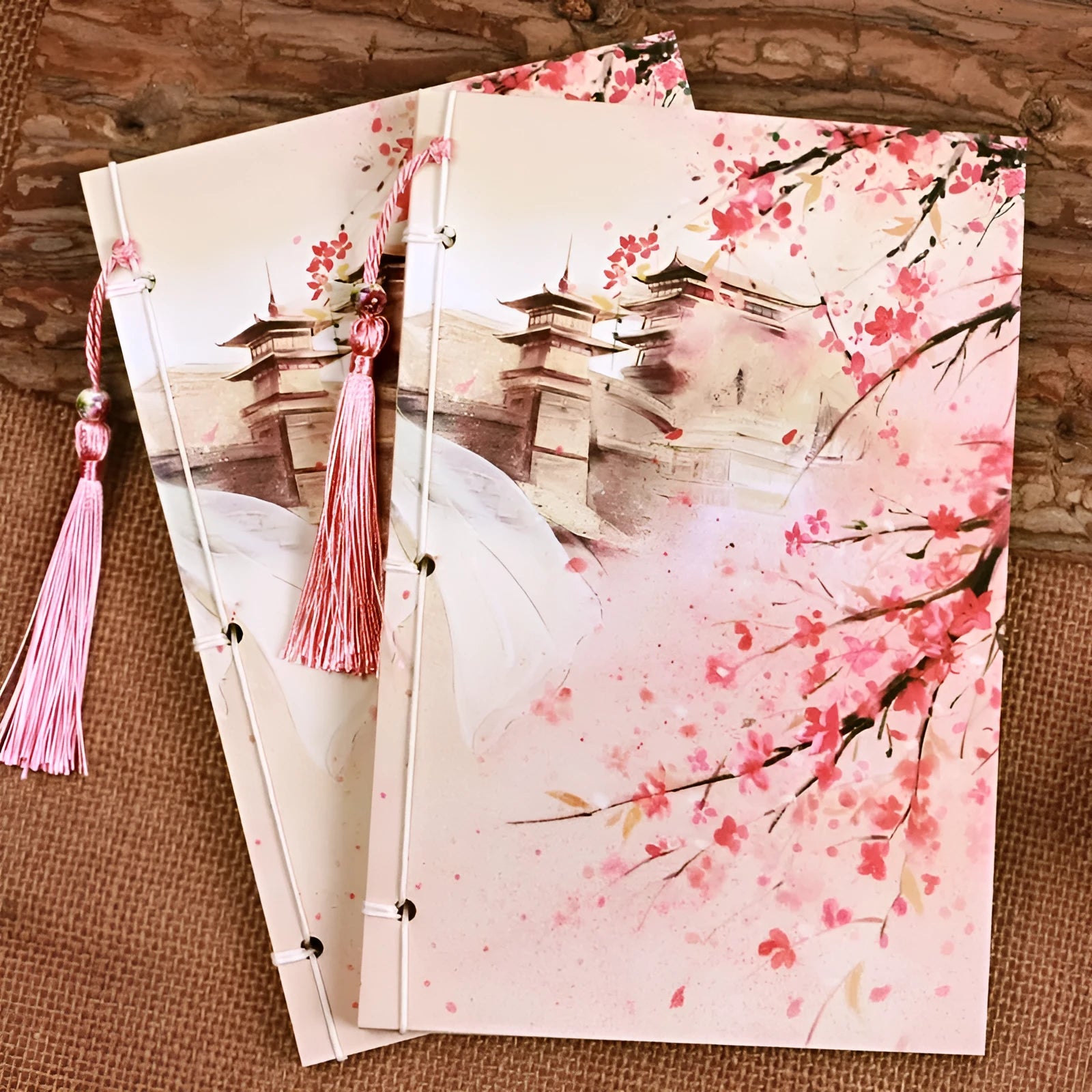 Azalea colour retro Chinese thread-bound notebook with 80g Dolin paper, 140x208mm size, lying open on a flat surface