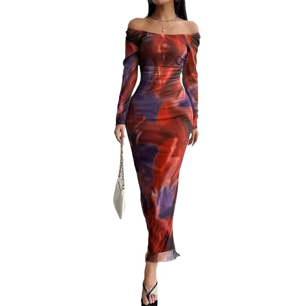 Women's mesh fishtail dress with square collar and gradient colour pleated design