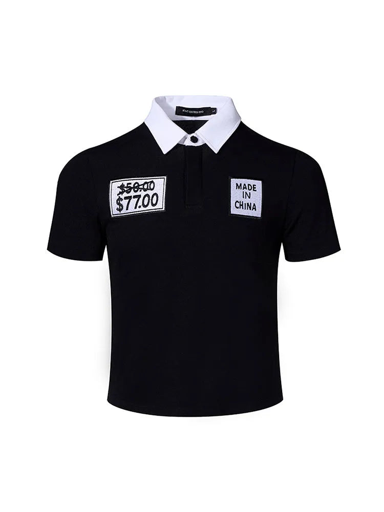 Black slim fit men's polo shirt with embroidery hat design on front, short sleeves and polo collar
