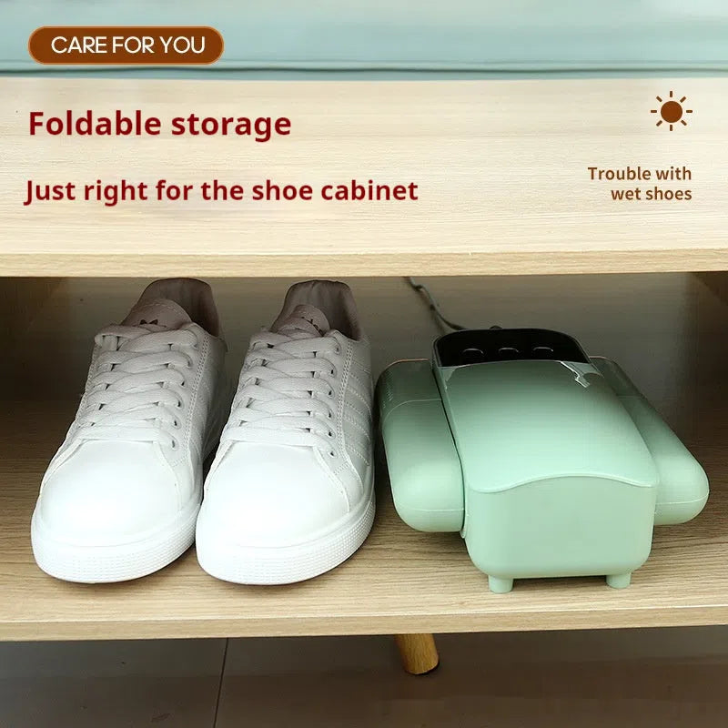 Smart shoe dryer in white and green colours with UV sterilisation feature for drying and deodorising footwear