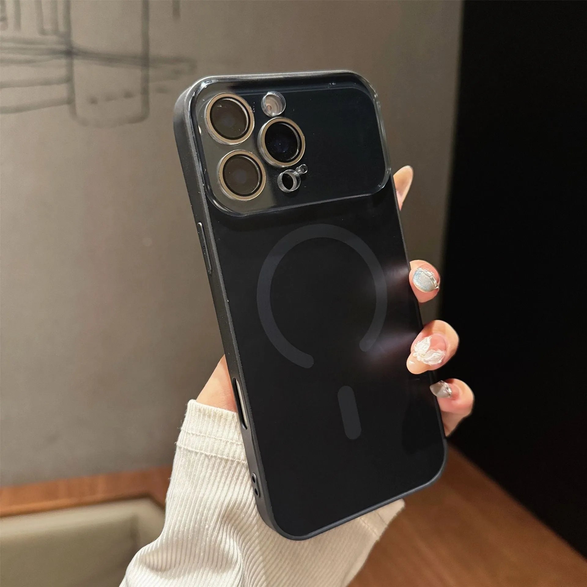 Large window frosted magnetic PC phone case for iPhone, shockproof, anti-fingerprint, black finish
