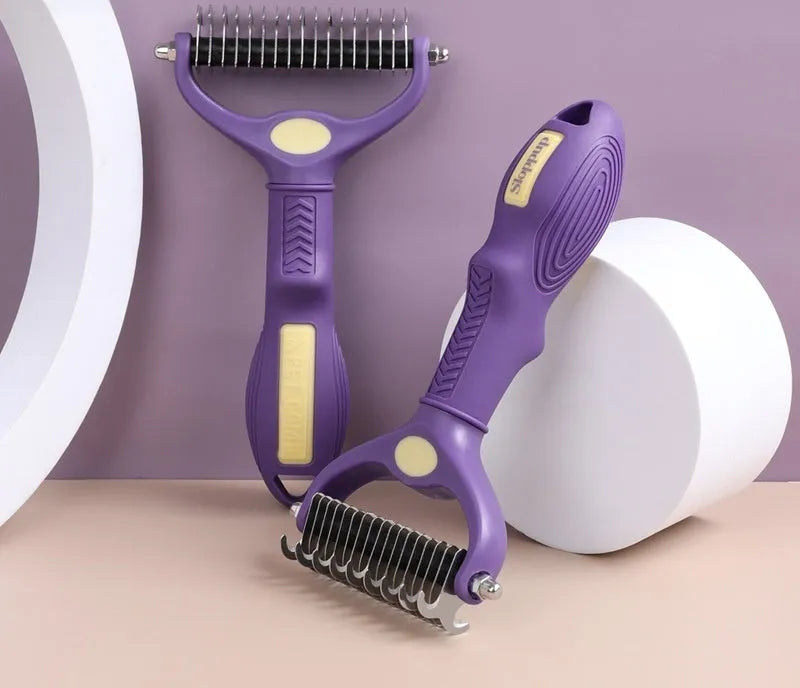 Purple plastic double-sided pet comb for detangling dog and cat fur.